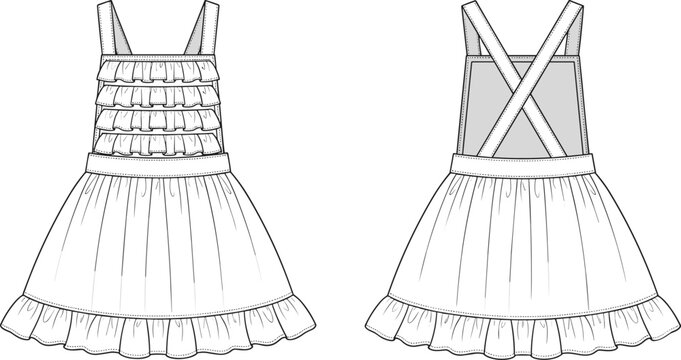Technical fashion sketch of a girls' pinafore dress with ruffled bodice and cross-back straps, front and back view