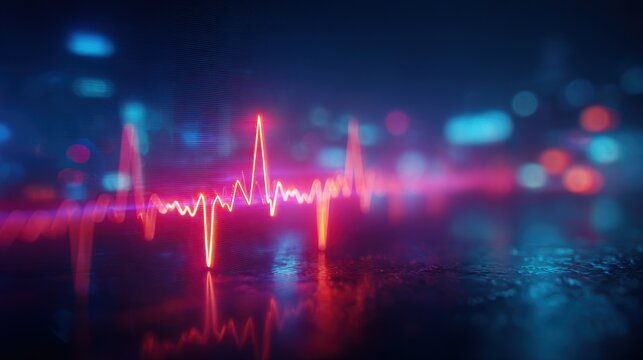 Vibrant neon heartbeat line against a blurred cityscape with glowing bokeh lights in the background