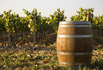Obraz premium Wooden barrel standing in vineyard during golden hour