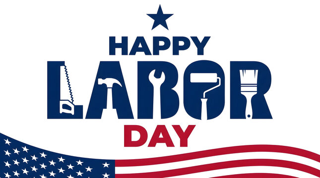 Labor Day celebration with patriotic banners and flags. Workers enjoying outdoor festivities and community spirit.