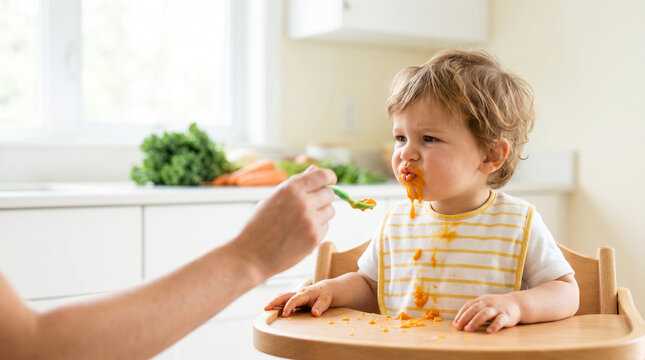 Toddler spitting out vegetable puree in high chair during mealtime  