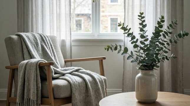 A chair with a blanket draped over it sits by a window. A plant in a vase is on a table nearby. The room is bright and has soft curtains.