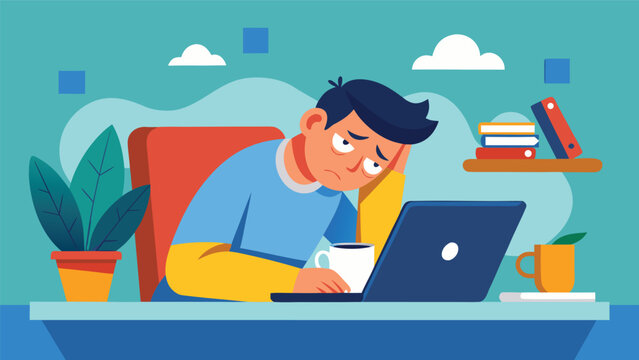 Young man feeling exhausted working on laptop at desk with coffee and plant in bright office setting
