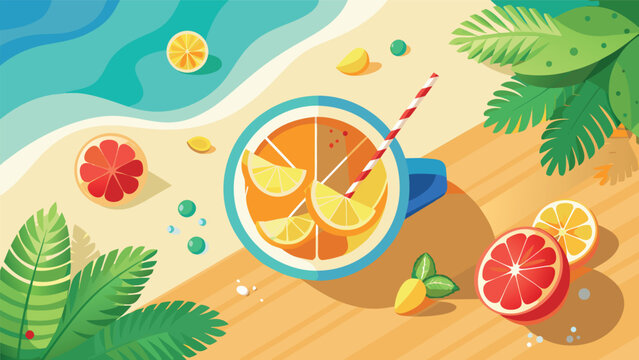 Refreshing citrus drink with fruit slices on a sandy beach during summer vacation