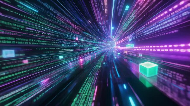 Abstract digital tunnel with colorful glowing data blocks and lines