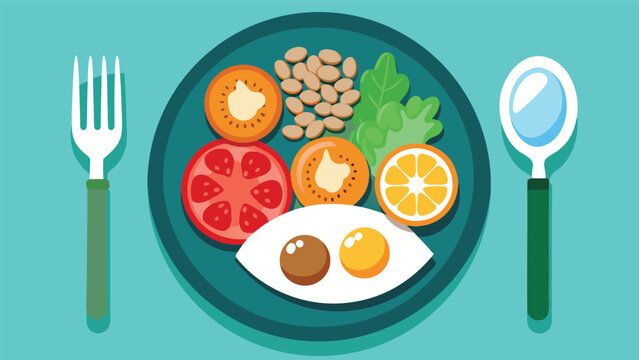 Healthy breakfast plate with eggs beans tomatoes oranges and lettuce with cutlery on teal background