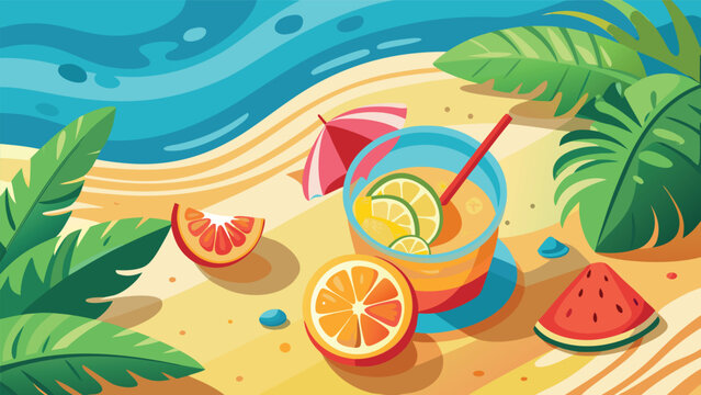 Refreshing citrus cocktail with tropical fruits and palm leaves on a sunny beach setting