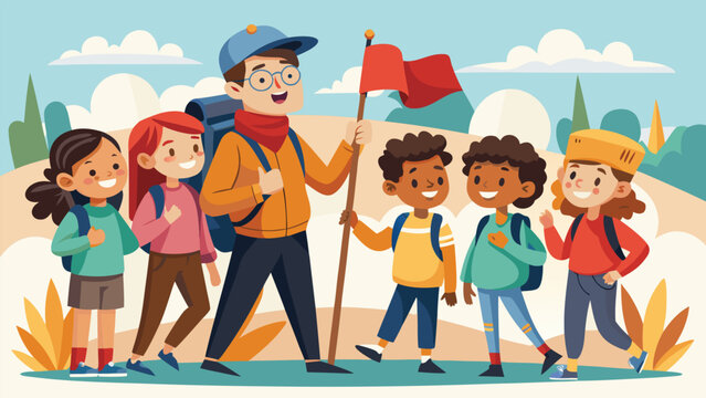 Young diverse children follow adult leader with flag on outdoor adventure during sunny daytime