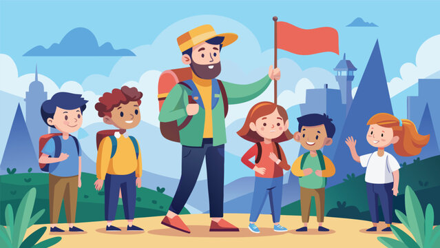 Smiling male leader guiding diverse children with backpacks holding flag during outdoor field trip