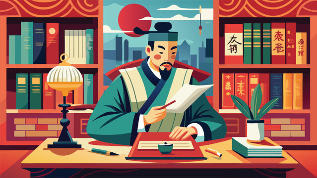 Scholar writing at a desk in a library with bookshelves and city view during daytime