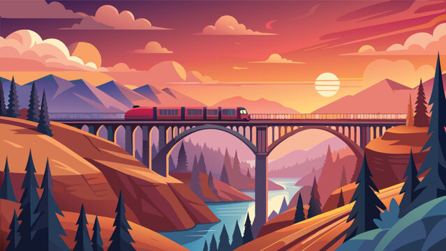 Passenger train crossing a scenic arched bridge during a vibrant sunset in a mountainous valley landscape