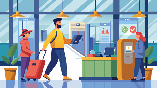 Travelers with luggage passing through airport security check with digital displays and plants