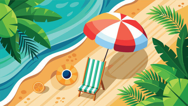 Beach scene with striped lounge chair and umbrella under palm leaves with ocean wave and sand