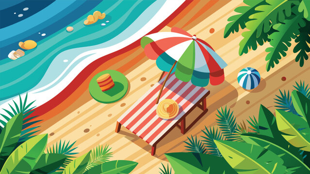 Striped lounge chair with umbrella on a sandy beach with tropical plants and ocean waves