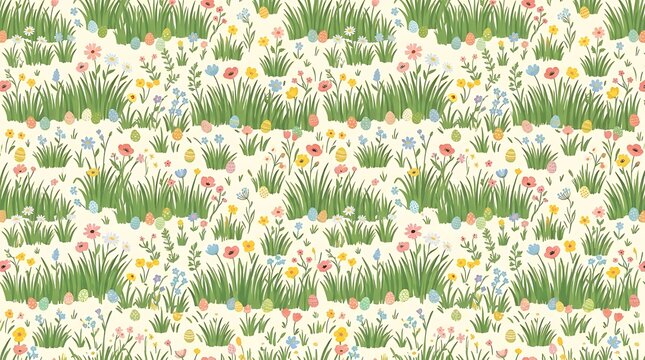 Colorful easter egg hunt seamless pattern with grass and wildflowers