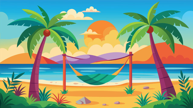 Tropical beach scene with palm trees hammock and vibrant sunset over the ocean