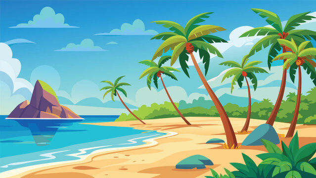 Tropical beach scene with palm trees and island during a sunny day with blue sky