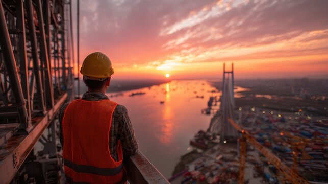 Construction worker observing a vibrant sunset over a river and bridge from a high vantage point