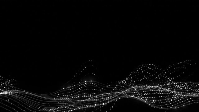 White digital wave on black flowing line mesh, glowing data dots, scattered binary symbols, wide copy space. technology , AI intros, data science visuals, network overlays, abstract motion