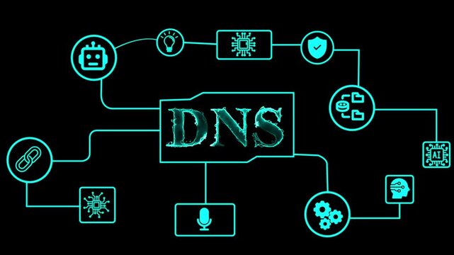 DNS server network diagram. Digital technology concept for internet connection and data flow.
