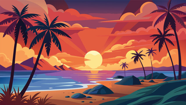 Vibrant sunset over tropical beach with silhouetted palm trees and calm ocean waves