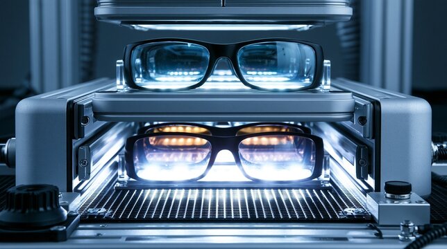 Medium shot of a UV resistance testing station with lenses exposed to continuous intense light highlighting the durability and colorfastness of optical materials.