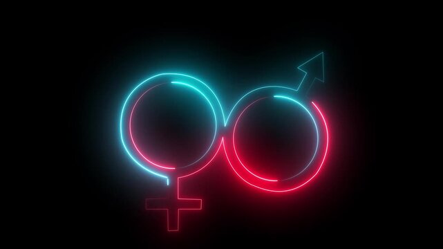 Glowing neon male and female gender symbols on dark background vector illustration