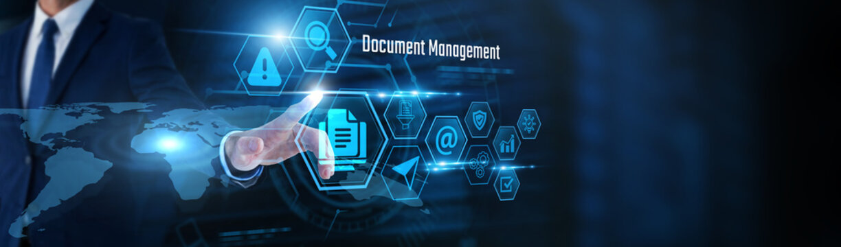 Businessman touch Document Management, and business data. Digital document storage, file organization, workflow automation, secure records management, paperless office, enterprise content management.