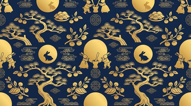 Traditional mid-autumn festival pattern with golden rabbits and moon