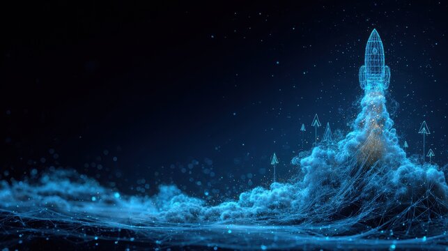 Futuristic digital rocket launching into space with glowing blue particles and abstract background