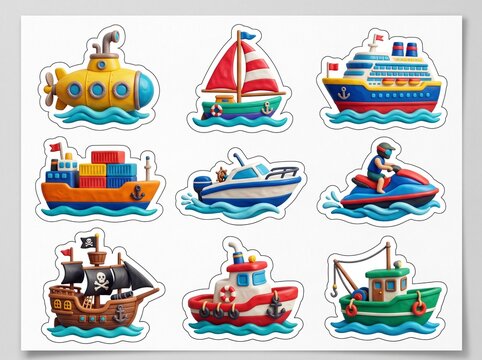 Adorable 3D clay water transportation printable sticker pack featuring submarine, sailboat, cruise ship, and speedboat. Designed with thick white die-cut borders for Cricut crafts, ocean unit studies,