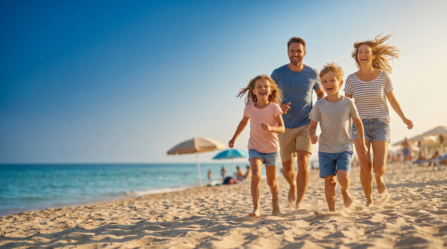 Familia disfrutando de un d&iacute;a de playa entre juegos, sol y mar en un ambiente veraniego.