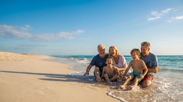 Familia disfrutando de un d&iacute;a de playa entre juegos, sol y mar en un ambiente veraniego.