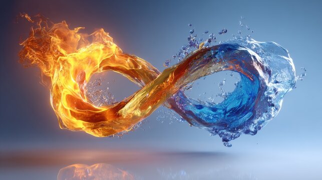 Dynamic interplay of fire and water forming an infinity symbol against a soft gradient background