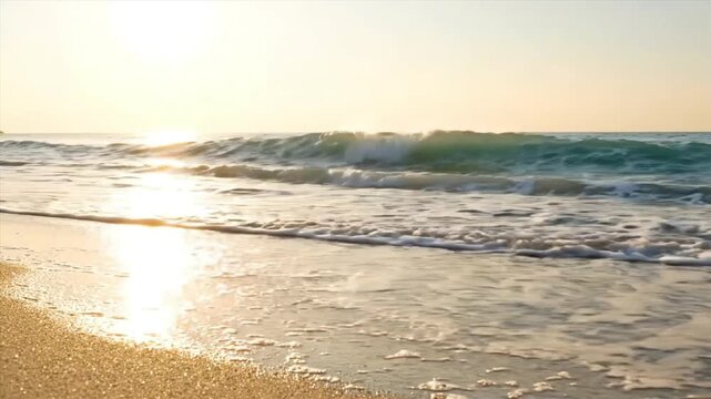 Golden Sunrise Over Ocean Waves on a Sandy Beach