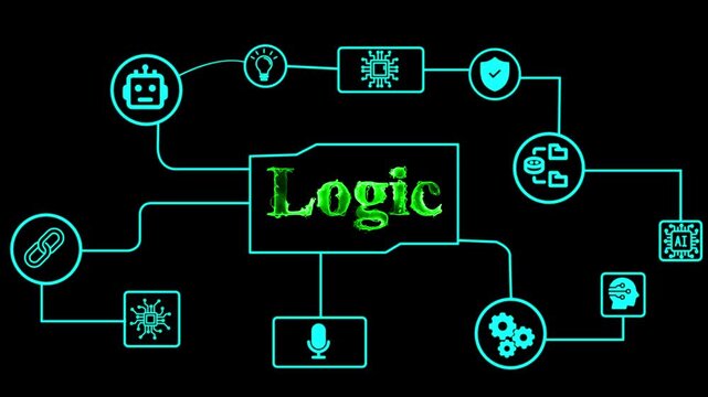Digital logic circuit diagram. Abstract technology concept with glowing neon connections.
