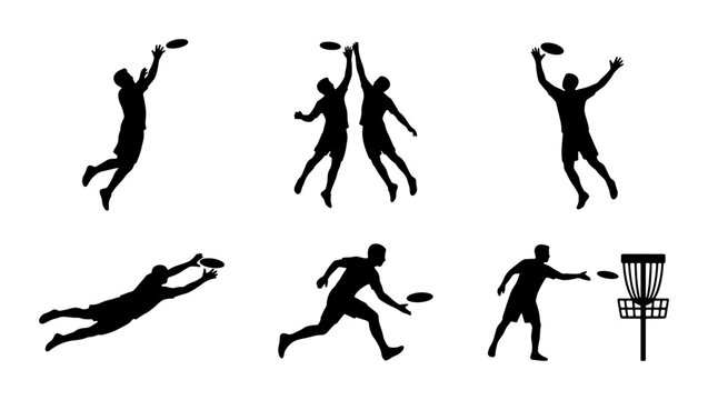 Disc Golf Silhouettes: Action Poses, Player Throws, Catching, and Basket Shots Vector Set