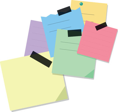 Colorful sticky notes with handwritten lines attached to a wall with black masking tape strips