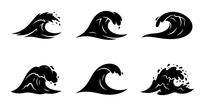 Black Silhouette Wave Icons, Ocean Water Swells, Sea Surfing Graphics, Nautical Design Elements