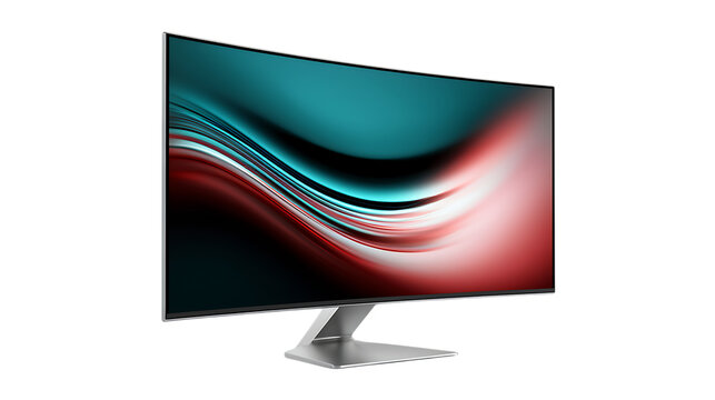 Curved computer monitor with abstract colorful display on transparent background screen ultrawide