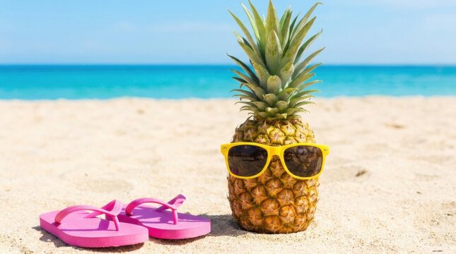 Pineapple wearing sunglasses on a sandy beach with flip flops and ocean background.