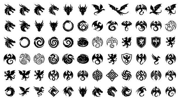 Modern Dragon Outline and Filled Icon Collection for Fantasy Vector Design