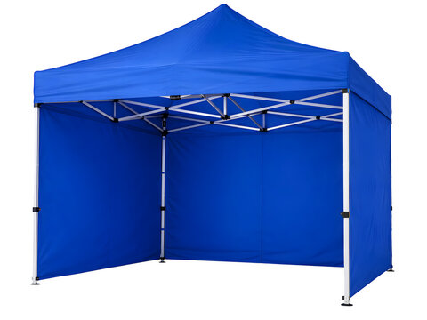 Blue pop up gazebo, folding event tent with side walls, portable trade show canopy isolated on Transparent Background