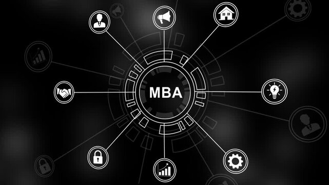 Dynamic mba master of business administration concept infographic with animated digital interface representing corporate strategy, leadership, growth, management education, and global networking