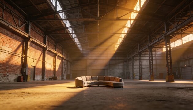 Sitting curved sectional sofa soaking late-day sun in warehouse hall, with skylights, steel columns