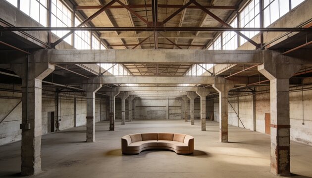 Sitting semicircular tan sectional sofa in empty warehouse, concrete columns and clerestory windows