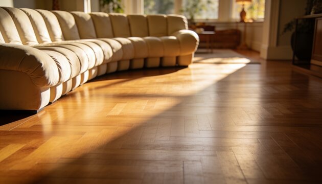 Anchoring curved cream sectional sofa sitting in living room on parquet floor, windows, copy space