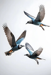 Obraz premium Three blue birds flying in studio on white background