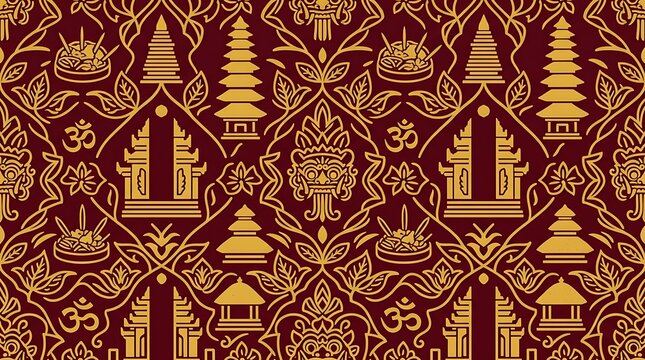 Traditional balinese cultural pattern with gold temples and masks