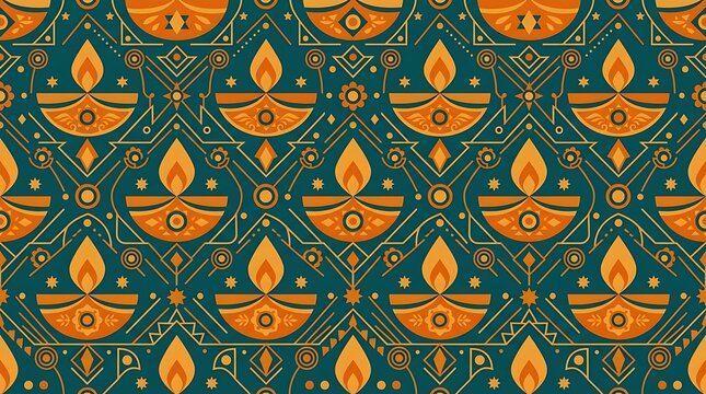 Seamless geometric pattern with burning diya oil lamps on teal